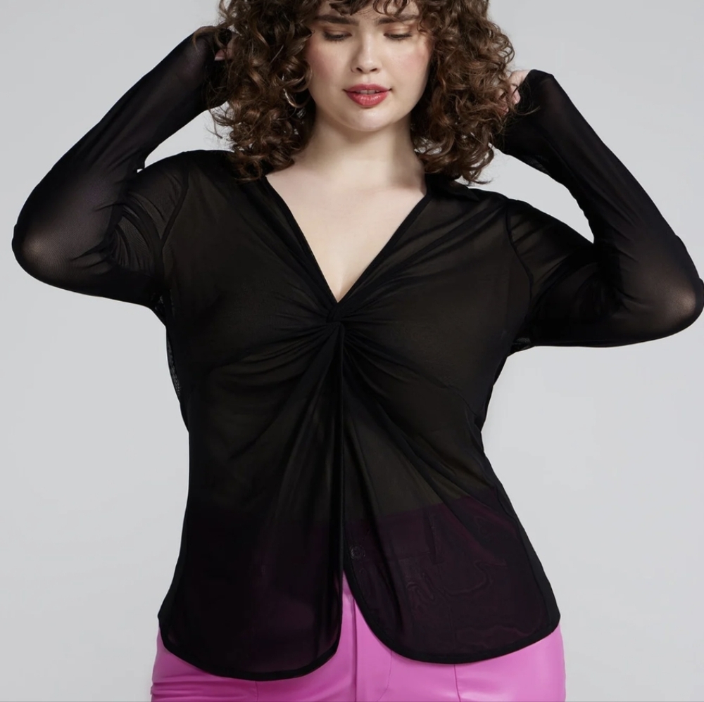 Black Long Sleeve Twist Front Mesh Top